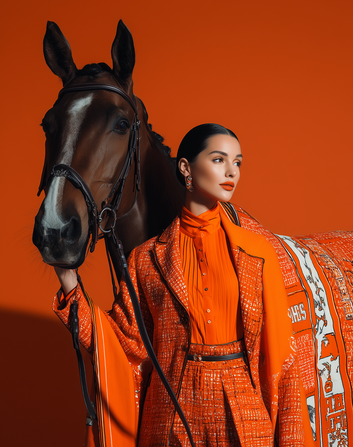 Hermes Horse with Silks and Model and Orange Blanket An editorial image in the style of Hermes with a horse and model and signature orange color silks and blanket.