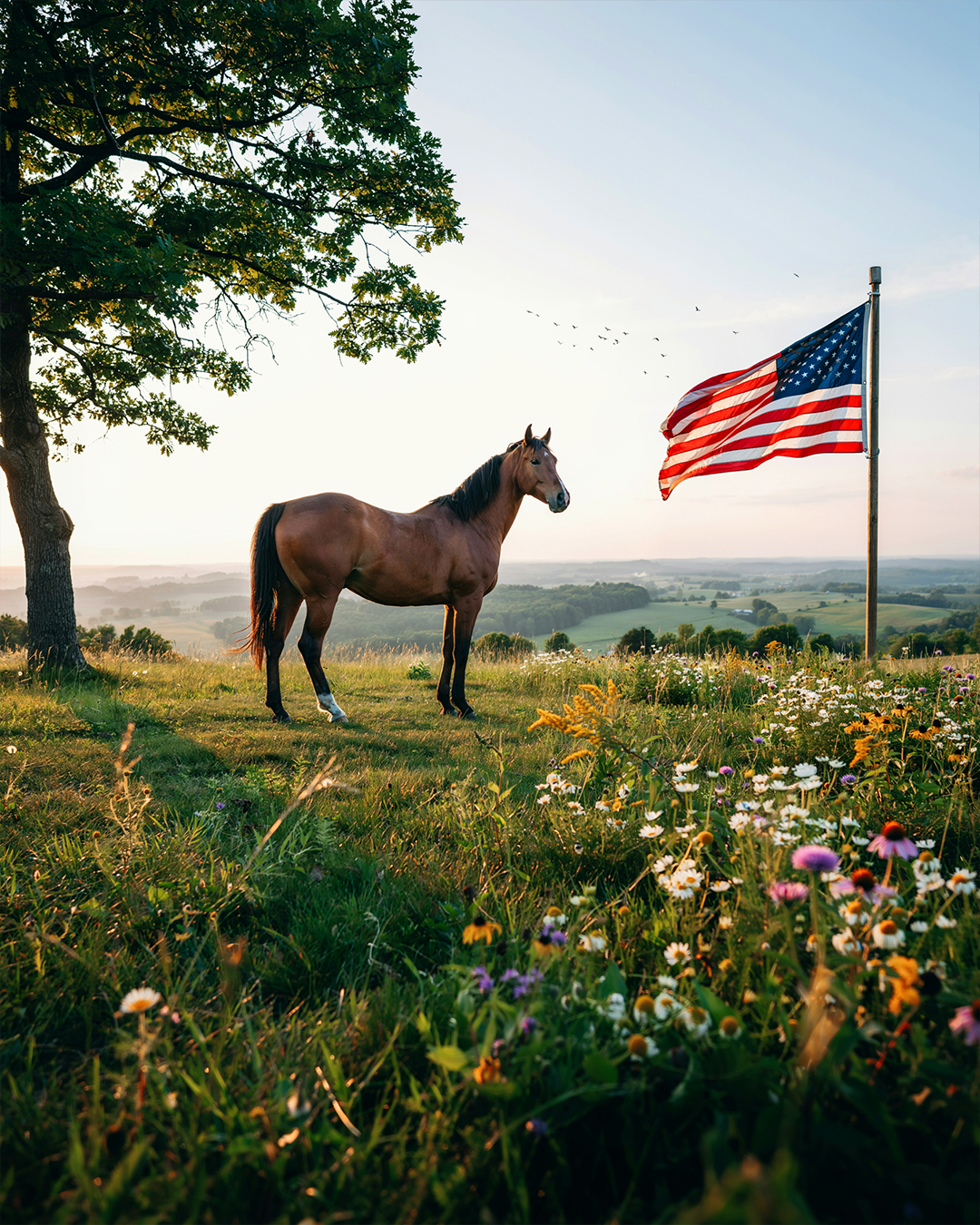 An unforgettable editorial portrait of a magnificent chestnut horse quietly looking toward a brilliant American sunrise from a grassy hilltop, a large American flag on a classic wooden flagpole proudly waving in the gentle morning breeze beside the horse, wildflowers moving naturally across the meadow, a mature oak tree framing the scene, endless rolling countryside stretching toward the horizon, warm golden sunrise light illuminating the horse and flag, symbolizing freedom, resilience, gratitude and 250 years of American history.
