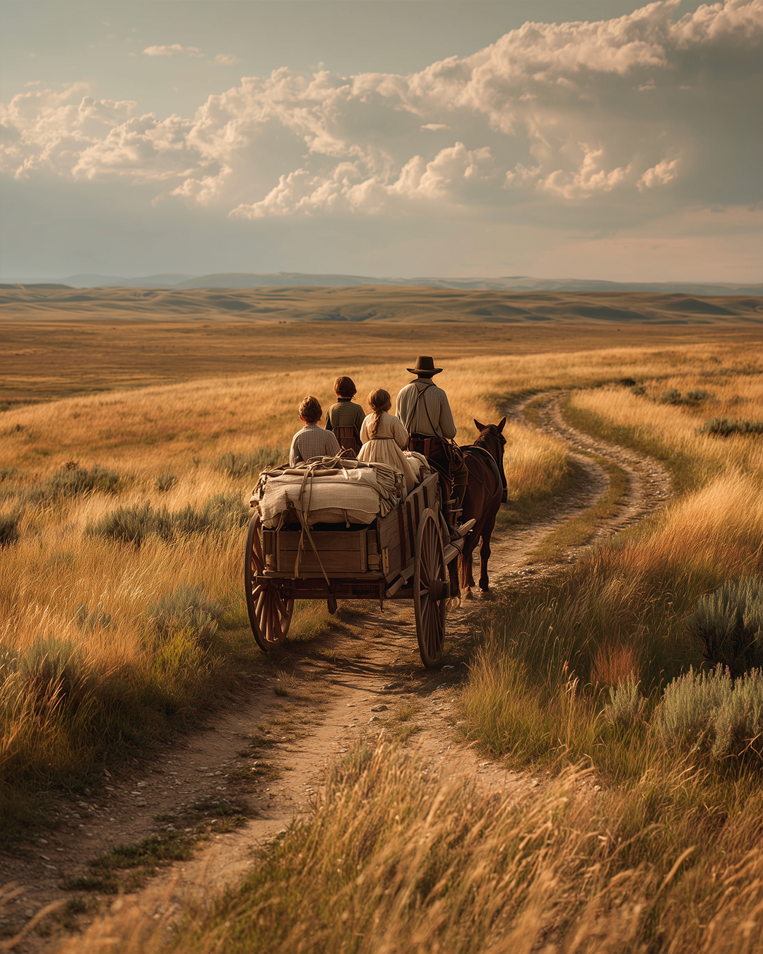An early American pioneer family traveling west with a horse pulling a simple wooden wagon along a winding prairie trail, another rider mounted beside the wagon, endless rolling grasslands beneath a brilliant summer sky, children looking ahead with hope, authentic clothing from 1810.