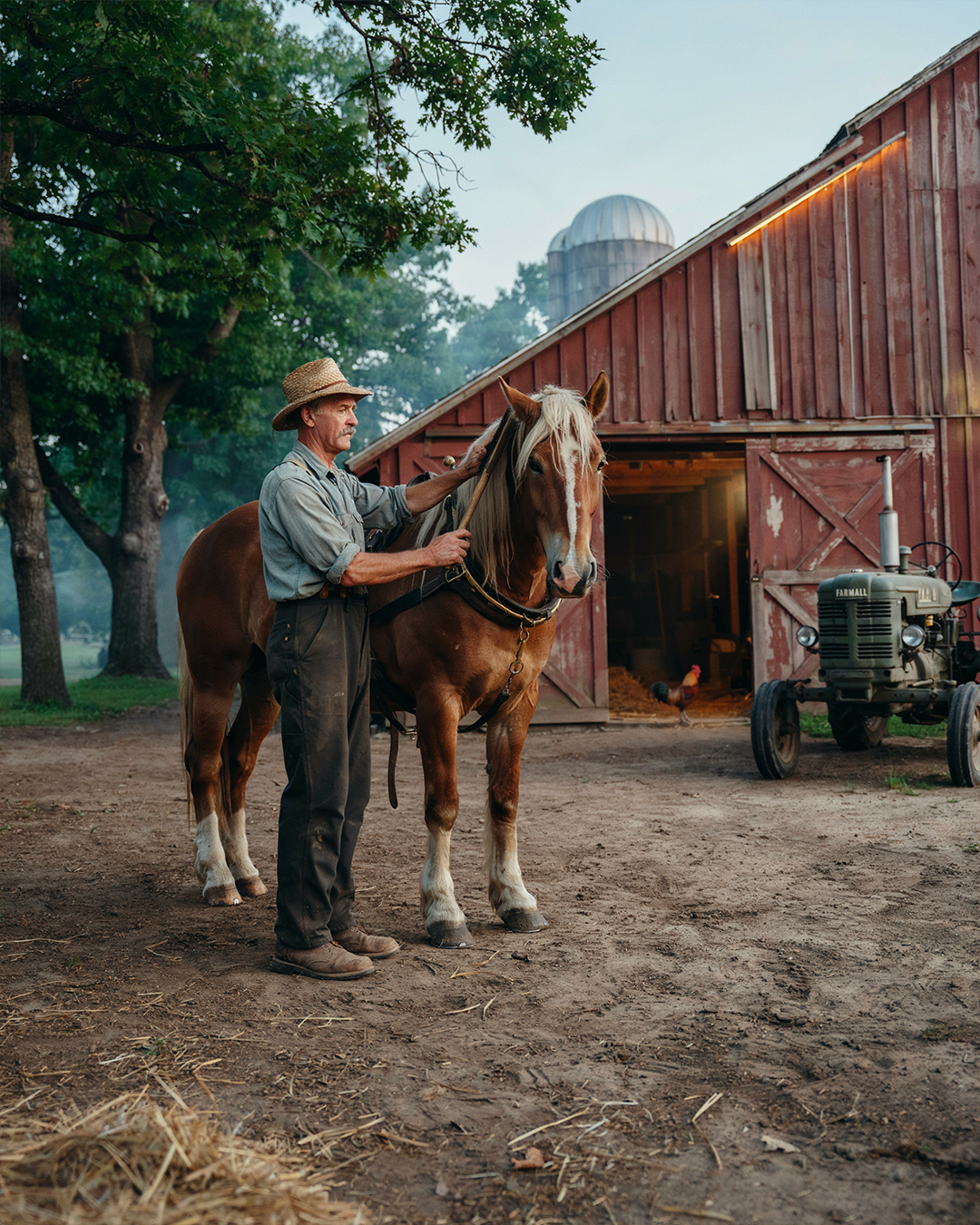 An elderly American farmer affectionately brushing the coat of his longtime draft horse outside a weathered barn around 1940, a modern tractor parked quietly in the background, warm evening sunlight, mature oak trees, authentic rural American setting, symbolizing gratitude, partnership and the changing role of horses in American life.