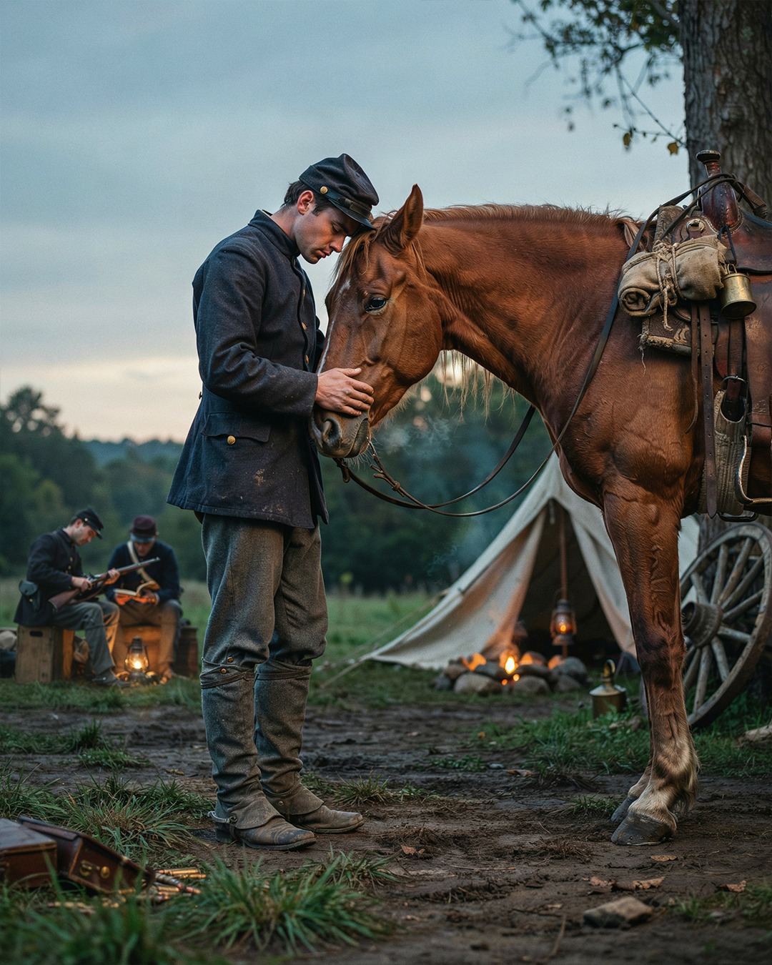 A weary Civil War soldier gently resting his forehead against the face of his loyal cavalry horse at dusk, authentic Union uniform, worn leather saddle and tack, quiet military camp in the background, lantern light beginning to glow, expressing trust, companionship and shared hardship, historically accurate 1860s America, premium editorial photography, Smithsonian Magazine quality, National Geographic historical feature,
