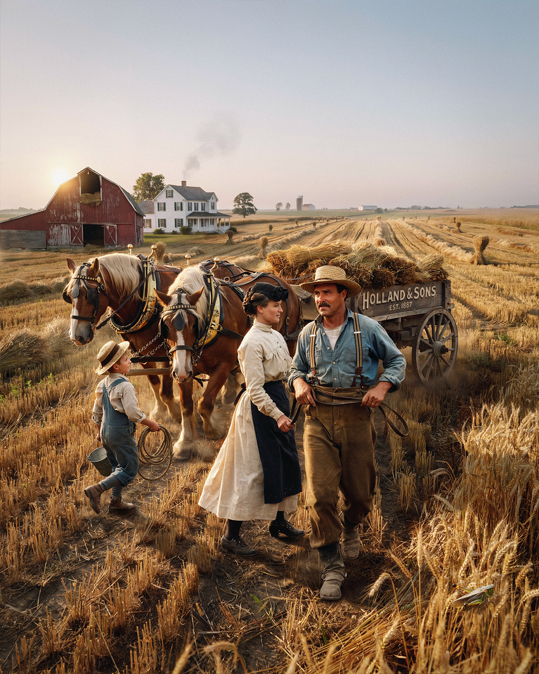 An American farming family around 1910 working beside a powerful team of Belgian draft horses pulling harvesting equipment across a golden field at sunrise, weathered red barn, white farmhouse, authentic early twentieth century clothing, rows of crops stretching into the distance, warm natural light, symbolizing prosperity, hard work and the importance of horses in rural America.