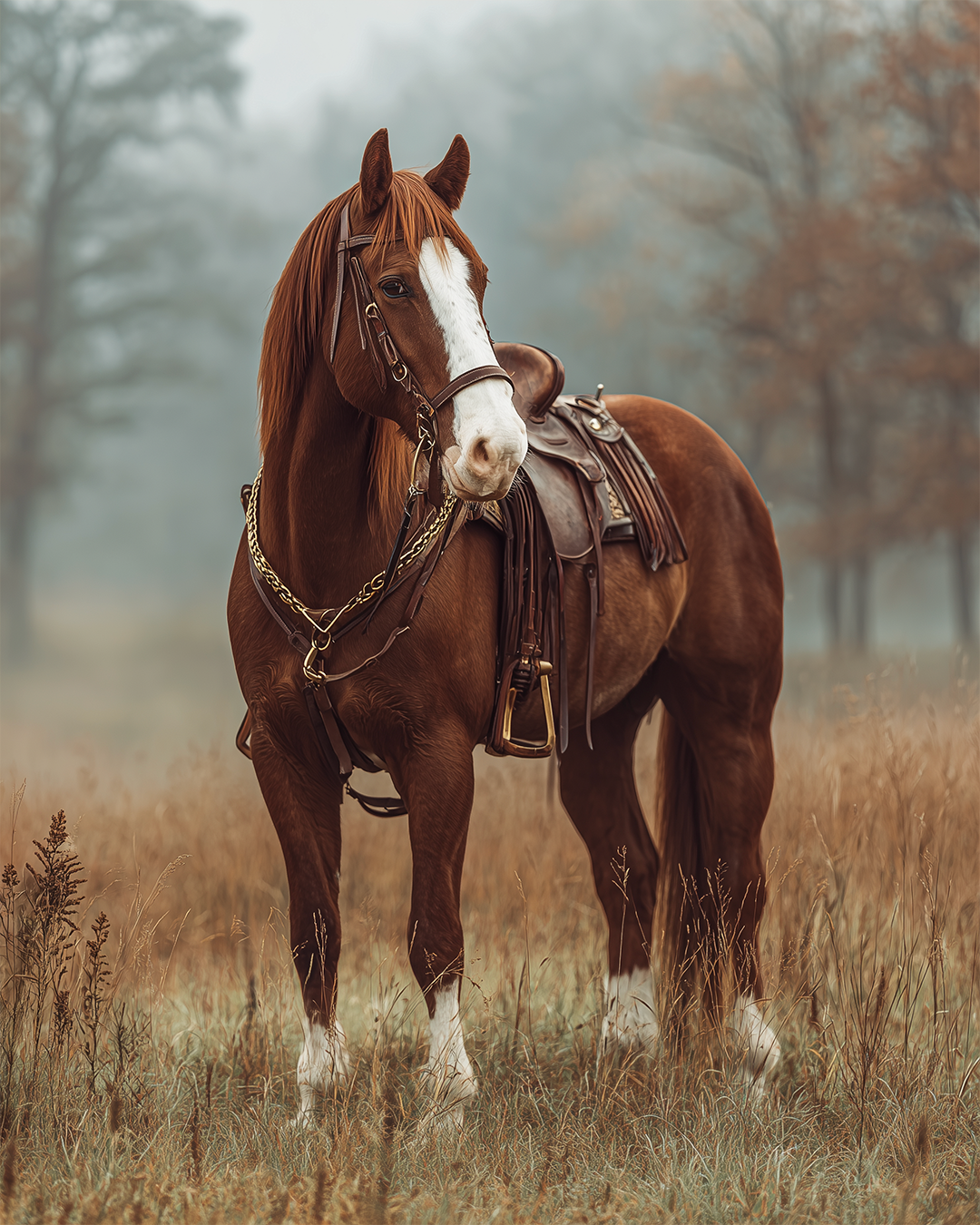 A magnificent chestnut Colonial American war horse standing proudly in a misty Virginia meadow at sunrise, wearing authentic 1770s Continental Army tack, calm intelligent expression, subtle white blaze and white stockings inspired by George Washington's horse Nelson, tall powerful build, wild grasses gently moving, distant oak trees, soft golden morning light.